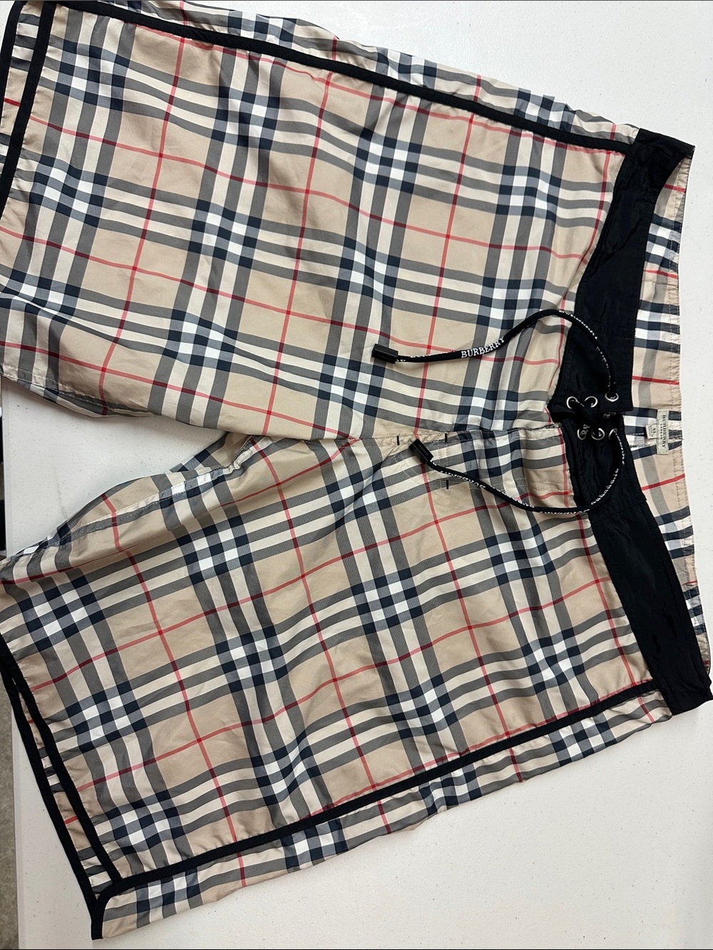 Burberry Beige/Navy/Red Plaid Swim Shorts with Black Waistband